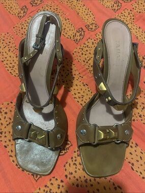 Prada Olive Brown Leather Studded Mule Sandals